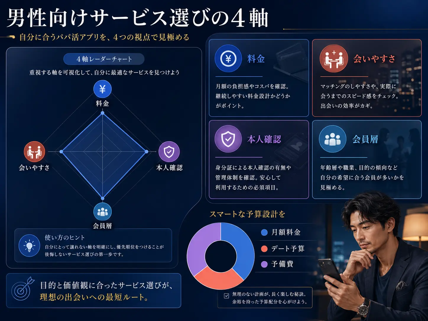 男性向けパパ活サービスを料金・会いやすさ・本人確認・会員層で比較する図解