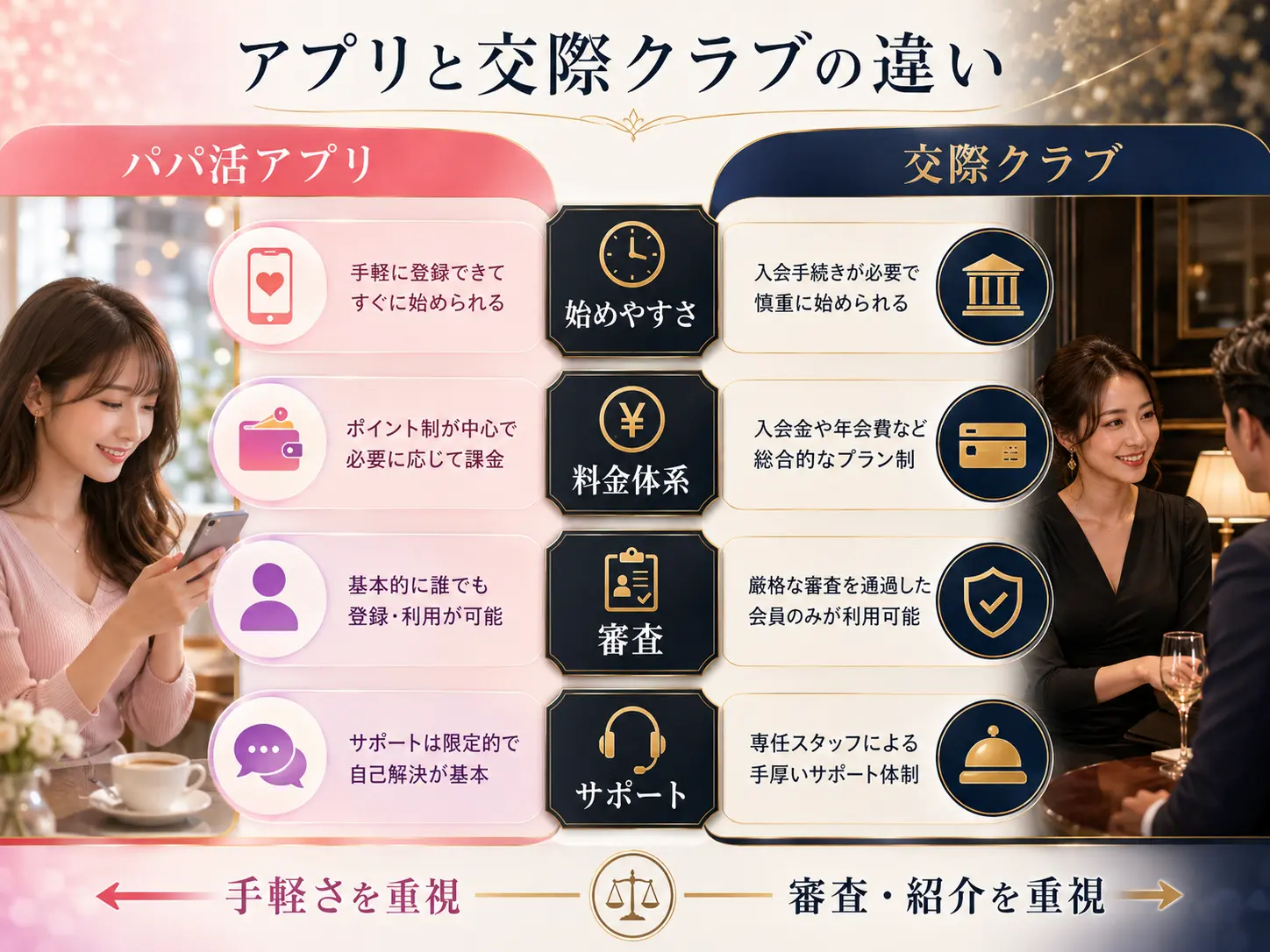 パパ活アプリと交際クラブの始めやすさ・料金体系・審査・サポート比較