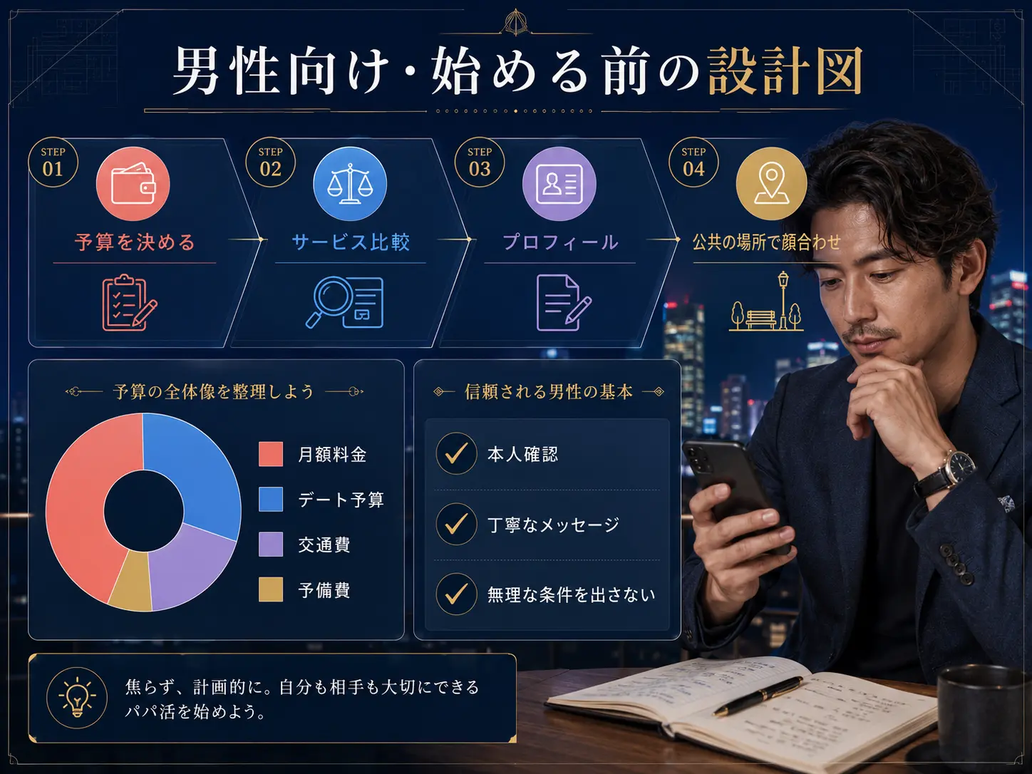 男性がパパ活を始める前の予算・サービス比較・プロフィール・顔合わせ設計図