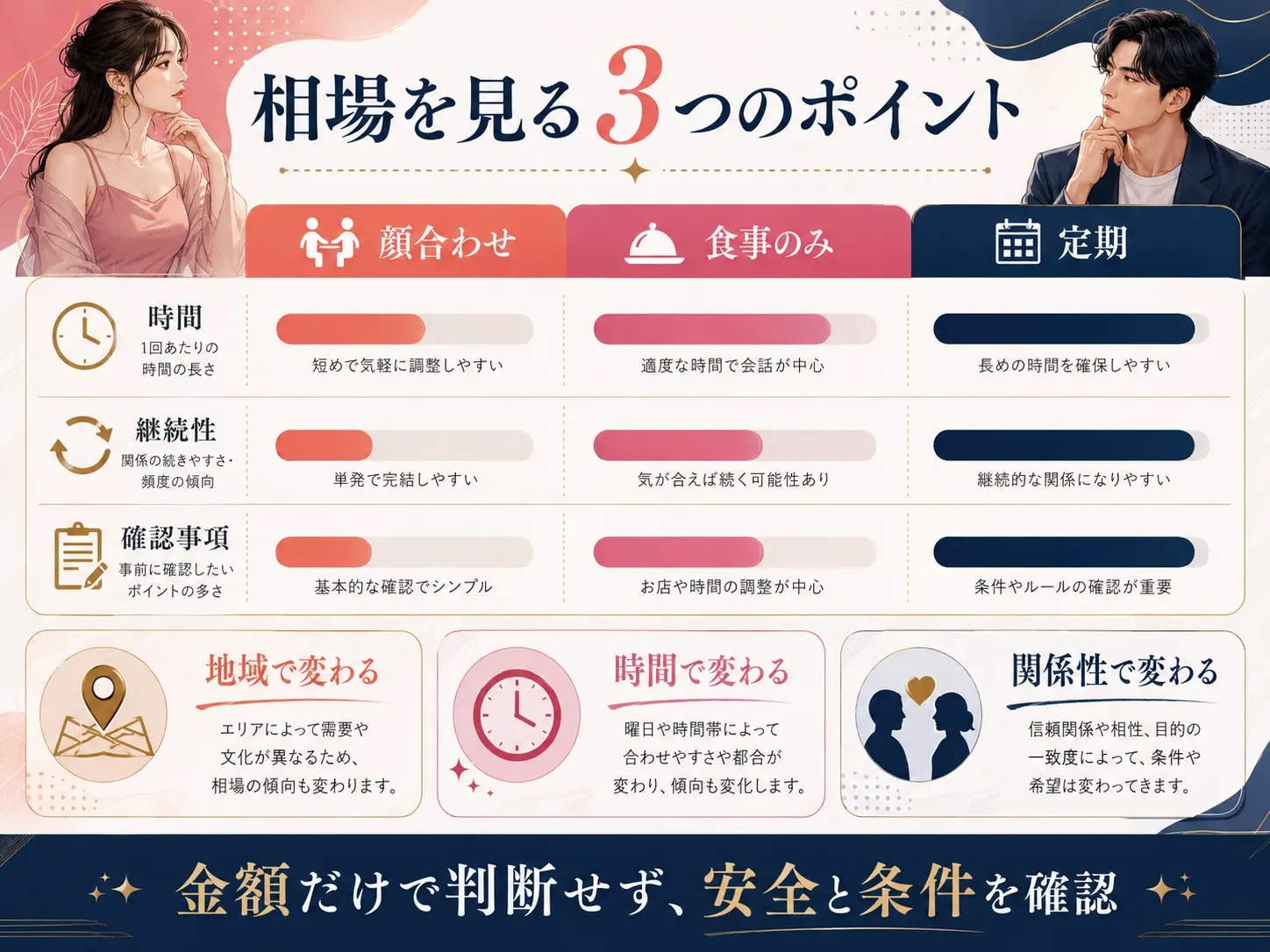 顔合わせ・食事のみ・定期の相場を時間・継続性・確認事項で比較した図解