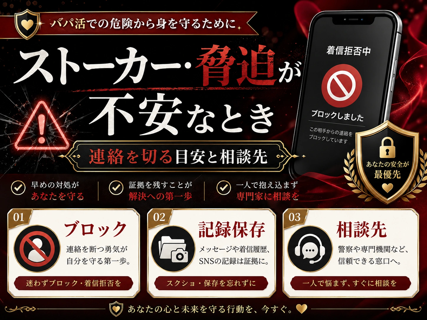 パパ活でストーカー・脅迫が不安なとき|連絡を切る目安と相談先