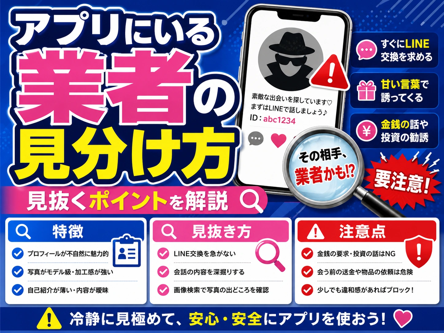 パパ活アプリにいる業者の見分け方|勧誘・外部誘導・金銭要求に注意