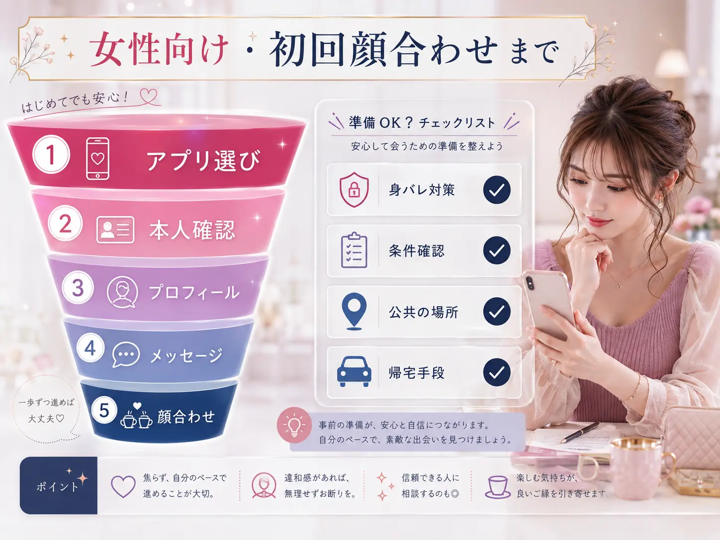 女性向けパパ活のアプリ選びから初回顔合わせまでの準備図解